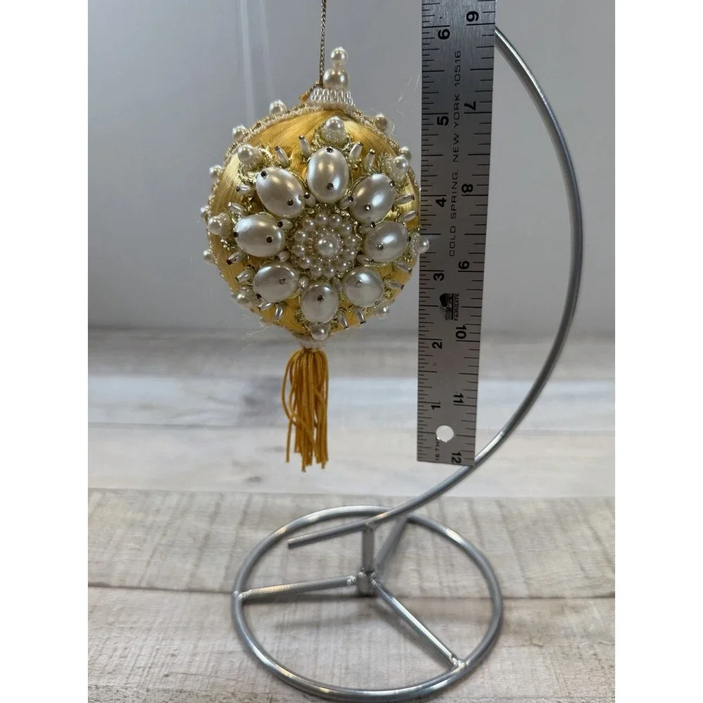 Set 2 Vintage Gold Satin Christmas Ornaments Faux Pearl Beaded Tassel Victorian